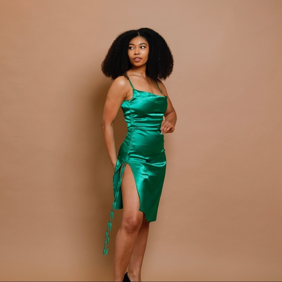 Emerald Satin Mini Dress |Adjustable Straps/Slit Detail/Holiday Party–Size S M L - Picture 7 of 13
